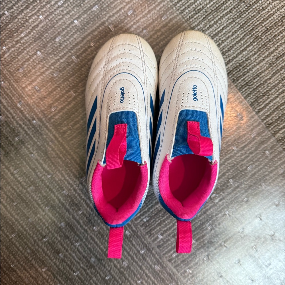 Adidas Goletto Kids Soccer Cleats in White, Blue, and Pink